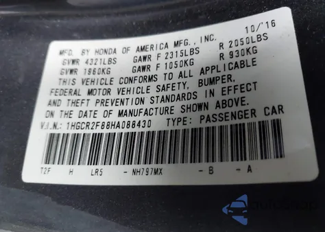 2017 Honda Accord Ex-L from USA, damaged, VIN 1HGCR2F88HA088430